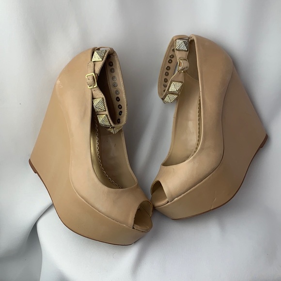 Bebe Nude Studded Ankle Strap Wedges - Picture 3 of 13